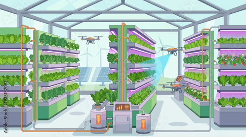 Illustration of a futuristic vertical farm with drones monitoring hydroponic plants. Concept for smart agriculture, sustainable food production, and agritech innovation.