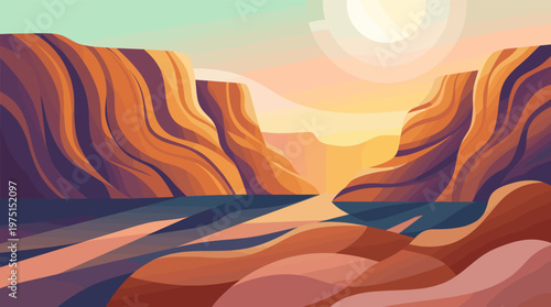 Stylized flat design landscape of a grand canyon. A river flows through orange and purple rock formations under a warm sun. Perfect for backgrounds, websites, and travel media.