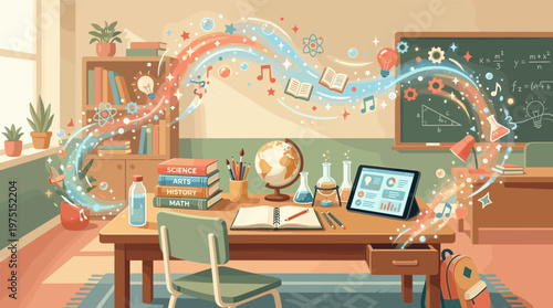 Inspirational illustration of a classroom where knowledge from books and tablets magically flows. Perfect for e-learning, back to school promotions, and educational content.