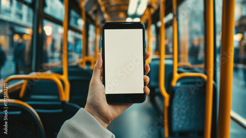 Empty bus ride: caucasian young woman holding smartphone