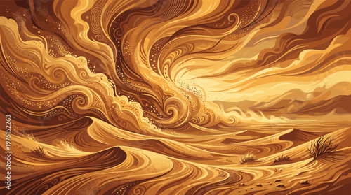 A dynamic, abstract digital illustration of a desert landscape. Swirling golden sands and wind create a powerful, energetic background for themes of nature, fantasy, and power.