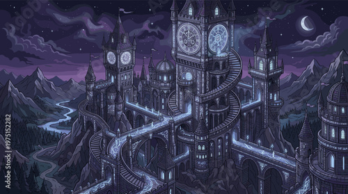 A detailed illustration of a magical gothic castle at night. Glowing runes, bridges, and a clock tower create a mysterious, epic fantasy scene. Perfect for games or book covers.