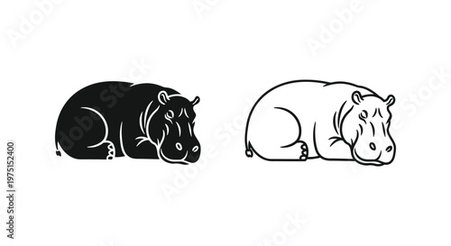 Hippopotamus Illustrations: Black and White Art Vector