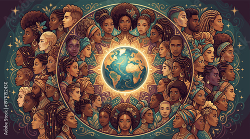 A beautiful illustration of diverse Black people in a circle around Earth. Symbolizes unity, culture, heritage, and global community. Ideal for Black History Month or diversity themes.