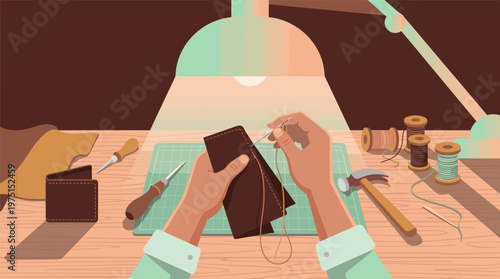 Illustration of hands stitching a leather wallet at a workshop. This cozy scene with tools represents craftsmanship, small business, hobbies, and traditional handmade skills.
