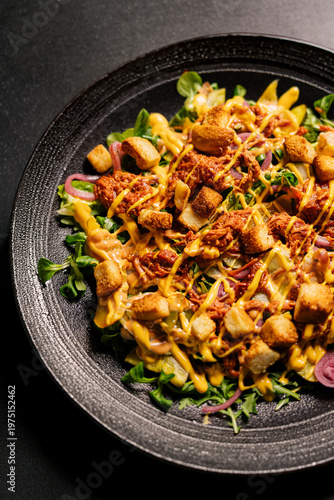 Quadro em tela Warm chicken salad with vegetables and crispy texture on plate
Grilled chicken s