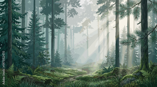 Vector illustration of a tranquil forest with sunbeams through fog. A serene, mystical landscape for backgrounds, fantasy themes, or wellness concepts.