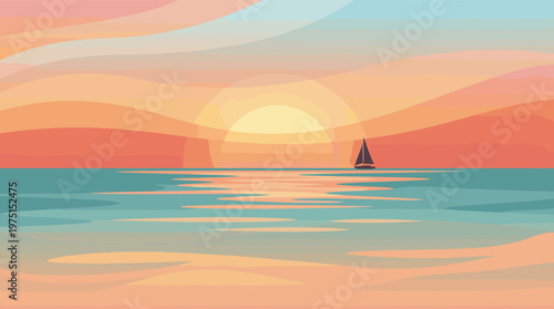 A serene illustration of a sailboat silhouette on the ocean at sunset. The abstract, wavy style and warm pastel colors create a calm mood for travel or relaxation concepts.