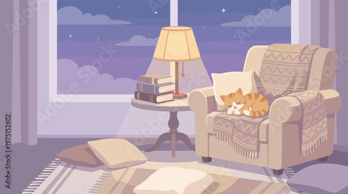 A cute ginger cat sleeps on a cozy armchair in a warm living room at night. Peaceful illustration for relaxation, home comfort, and hygge lifestyle concepts.