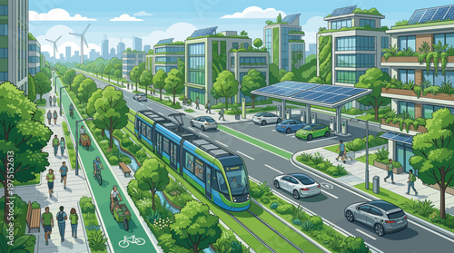 An illustration of a modern, sustainable city with green buildings, solar panels, a tram, and electric cars. A vision of an eco-friendly urban future. Ideal for eco concepts.