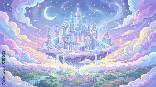 A magical anime-style castle floats in a pastel sky above a peaceful kingdom. This enchanting fantasy landscape is perfect for book covers, games, or imaginative projects.