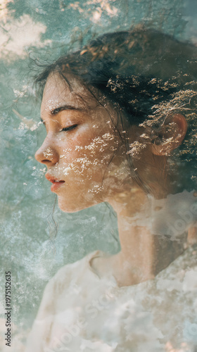 Dreamy portrait of young caucasian female in nature-inspired double exposure