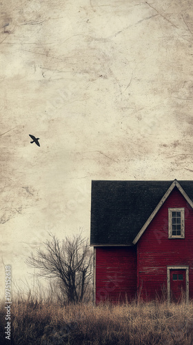 Rustic red barn in countryside landscape with lone bird and bare tree under overcast sky