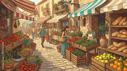 Illustration of a lively Mediterranean market. People shop for fresh vegetables, fruits, and bread. A warm scene depicting community, tradition, and healthy eating.
