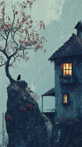 Mysterious cliffside house with glowing windows at dusk