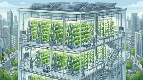 Illustration of a futuristic vertical farm in a smart city. Automated hydroponic systems, solar power, and robots show sustainable urban agriculture and future food technology.