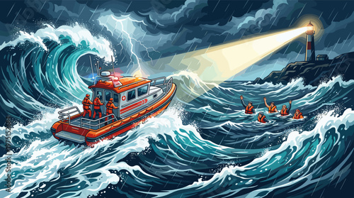 A dramatic illustration of a coast guard boat saving people from a stormy sea. A lighthouse shines through rain and lightning. Perfect for concepts of help, crisis, and safety.
