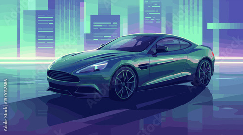 Vector illustration of a modern luxury sports car against a futuristic city skyline at night. Sleek, stylized design for automotive, tech, or gaming concepts.