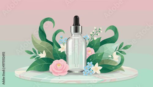 Elegant vector illustration of a cosmetic dropper bottle on a podium, surrounded by lush leaves and flowers. Ideal for natural skincare, beauty, and wellness branding.