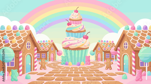 A whimsical vector illustration of a fantasy candy land. Features gingerbread houses, a giant cupcake, and a pastel rainbow. Perfect for children's themes, parties, and backgrounds.