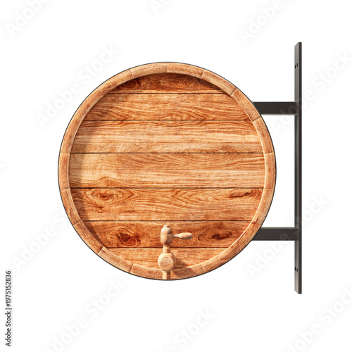 Obraz na płótnie Wooden signboard for a bar or restaurant. A wooden barrel lid is mounted on a bracket.