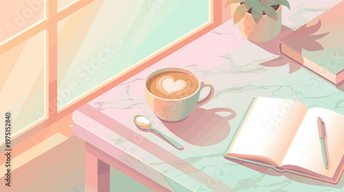 Cozy illustration of a morning routine. A cup of latte with heart art and a journal on a marble table by a window. Perfect for lifestyle, self-care, and wellness concepts.