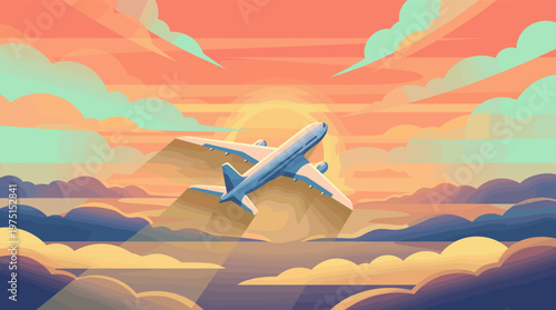 A vector illustration of a passenger airplane flying over mountains into a colorful sunset. This scenic graphic evokes travel, adventure, and new beginnings. Ideal for tourism.