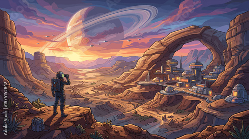 An astronaut observes a futuristic colony in a desert canyon on an alien world. A large ringed planet looms in the colorful sky. For sci-fi, adventure, and technology themes.