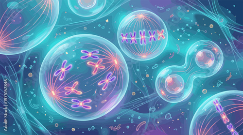A colorful vector illustration of cell division stages. Shows mitosis, chromosomes, and cytokinesis. Ideal for science, education, biology, and medical concepts.