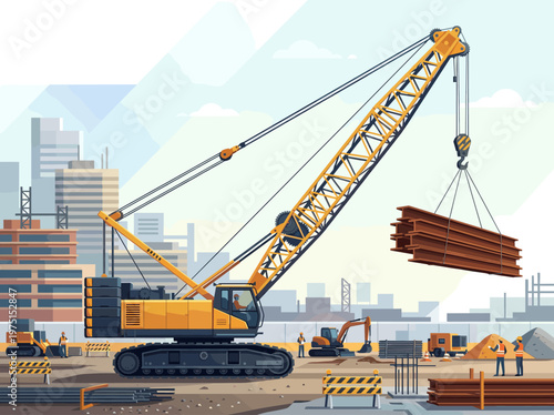 Vector illustration of a construction site. A crawler crane lifts steel beams against a city skyline. Represents industry, engineering, and urban development projects.