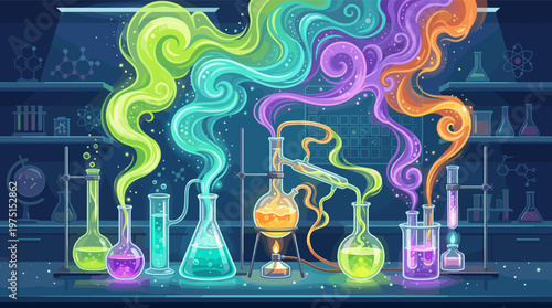 Vibrant cartoon illustration of a chemistry lab. Colorful, magical smoke rises from flasks, creating a whimsical scene of scientific discovery and experimentation.