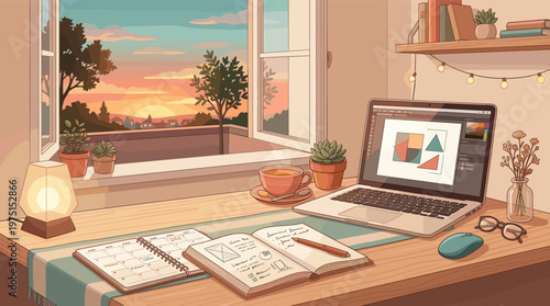Cozy anime-style illustration of a home office. A desk with a laptop, notebook, and tea sits by a window with a beautiful sunset view. Perfect for remote work or study concepts.