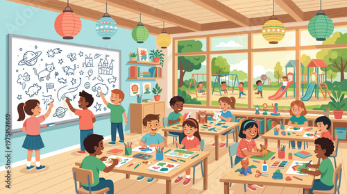 A vibrant cartoon classroom full of diverse kids engaged in creative arts and crafts. Children draw on a whiteboard and paint at desks. A joyful scene of learning and fun.