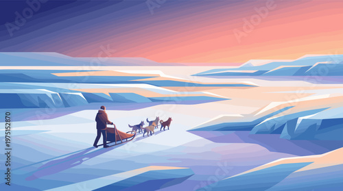 Vector illustration of a musher and husky team dog sledding across a vast arctic landscape at sunrise. A concept of adventure, exploration, travel, and perseverance.