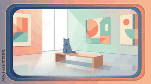A grey cat sits on a bench in a bright, minimalist art gallery with abstract paintings. Calm, modern illustration for art, culture, pet, or creative concepts.