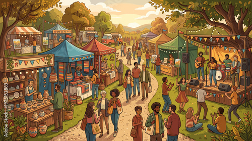 A detailed illustration of a lively autumn outdoor market. Diverse people shop, eat, and enjoy live music, creating a warm community feel. Perfect for event promotions.
