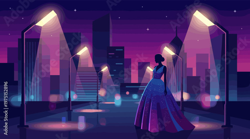 Silhouette of a glamorous woman in a sparkling blue gown stands alone on a city street at night. Vector illustration for fashion, luxury, events, and elegant nightlife concepts.