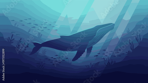 A majestic whale swims through the deep blue ocean, surrounded by fish and seaweed. Sunbeams pierce the water, creating a serene and tranquil underwater scene. Vector art.