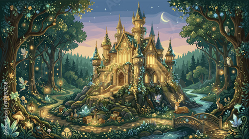 A glowing fairytale castle in an enchanted forest at night. A whimsical illustration with fairies, animals, and magic, ideal for fantasy book covers or backgrounds.