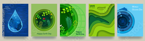 A set of Earth and Ocean Day posters. Let s save the Earth and the ocean in paper cut style. Templates for backgrounds, banners, postcards, or posters with text. Vector illustration.