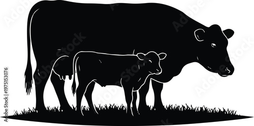 Cow and Calf Silhouette Standing on Grass Field Vector Illustration