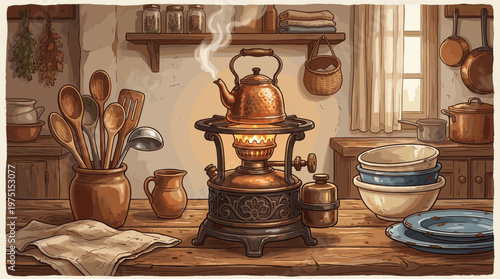 A warm, cozy illustration of a rustic kitchen. A steaming copper kettle sits on a vintage kerosene stove, creating a nostalgic, comforting mood. Perfect for historical themes.