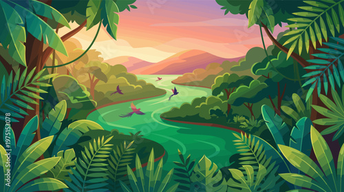 A vibrant vector illustration of a jungle landscape at sunset. A winding river flows through lush rainforest towards distant mountains, with birds flying. Ideal for travel or nature.