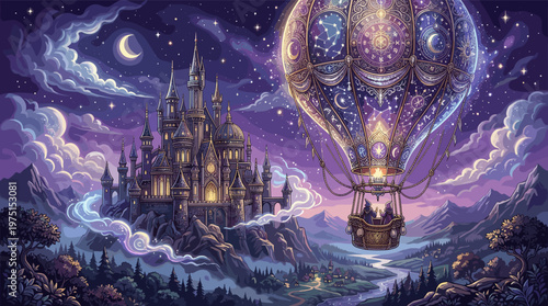 A magical illustration of a celestial hot air balloon flying over a fairytale castle at night. This whimsical, dreamlike scene is perfect for fantasy book covers or game art.