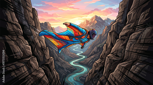 Dynamic illustration of a wingsuit flyer soaring through a majestic mountain canyon at sunset. A concept of freedom, adventure, and extreme sports. Vector art.