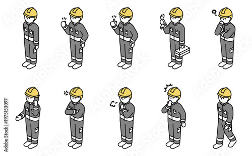 アイソメトリックイラスト：色々なポーズの作業員