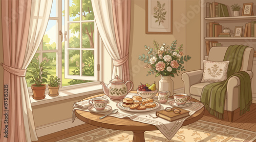 A tranquil, sunlit room with afternoon tea, scones, and flowers. This cozy anime-style illustration evokes comfort, warmth, and slow living. Perfect for relaxing backgrounds.