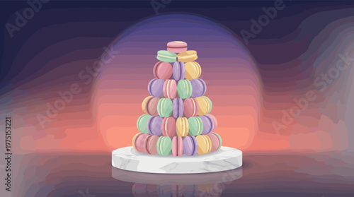 A vibrant illustration of a colorful macaron tower on a marble stand. Elegant and festive design for bakeries, weddings, celebrations, or gourmet food content.