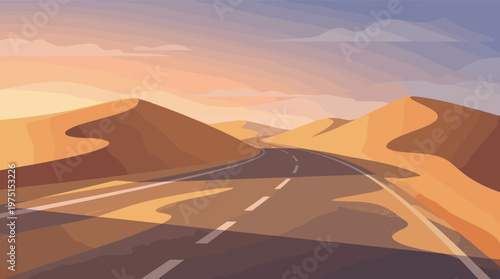 A vector illustration of a winding road through a vast desert landscape with sand dunes at sunset. Evokes feelings of adventure, travel, and freedom. Ideal for backgrounds.
