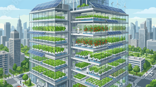 Illustration of a futuristic city with a vertical farm skyscraper powered by solar and wind energy. Concept for sustainable urban agriculture, agritech, and smart cities.
